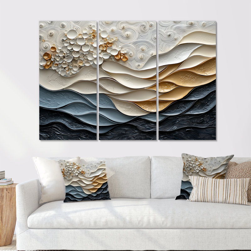 Ensemble de salon art mural gris vagues bleues et blanches - vagues côtières, Toile tendue, H 32 po x l 48 po x P 1 po