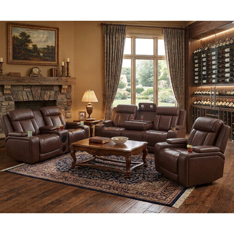 Ensemble de canapé de salon inclinable 3 pièces cognac espresso avec haut-parleurs Bluetooth, recharge sans fil et lumières DEL