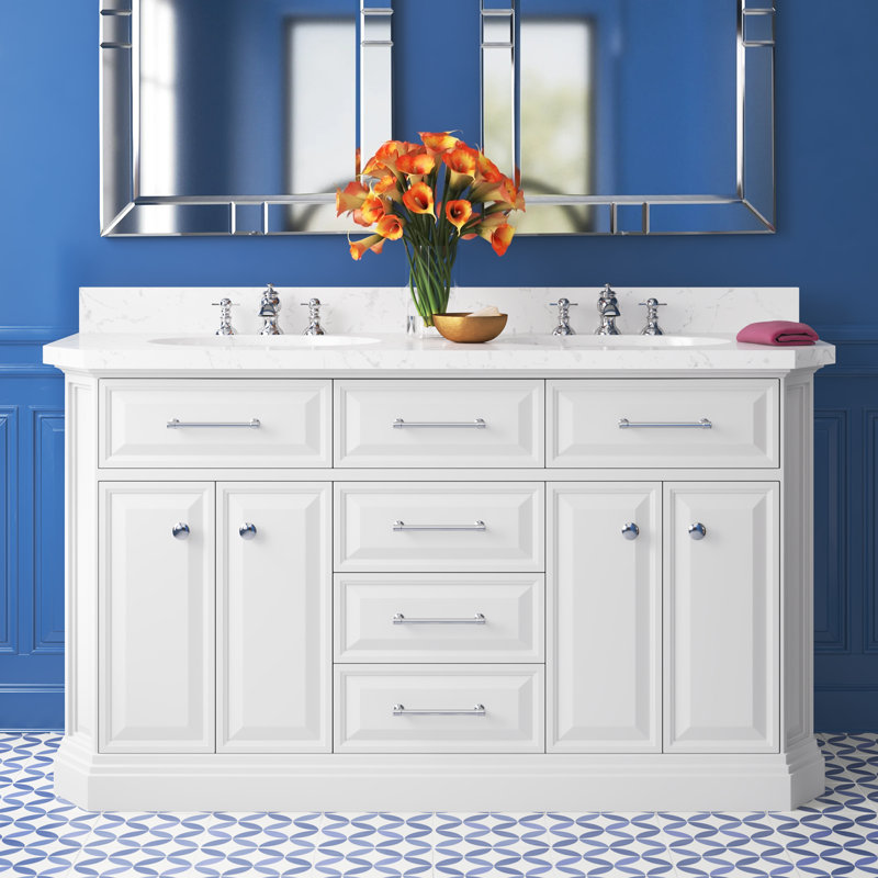 Ensemble de meuble-lavabo double 60 po Bruning Quartz, Blanc pur, Nickel poli