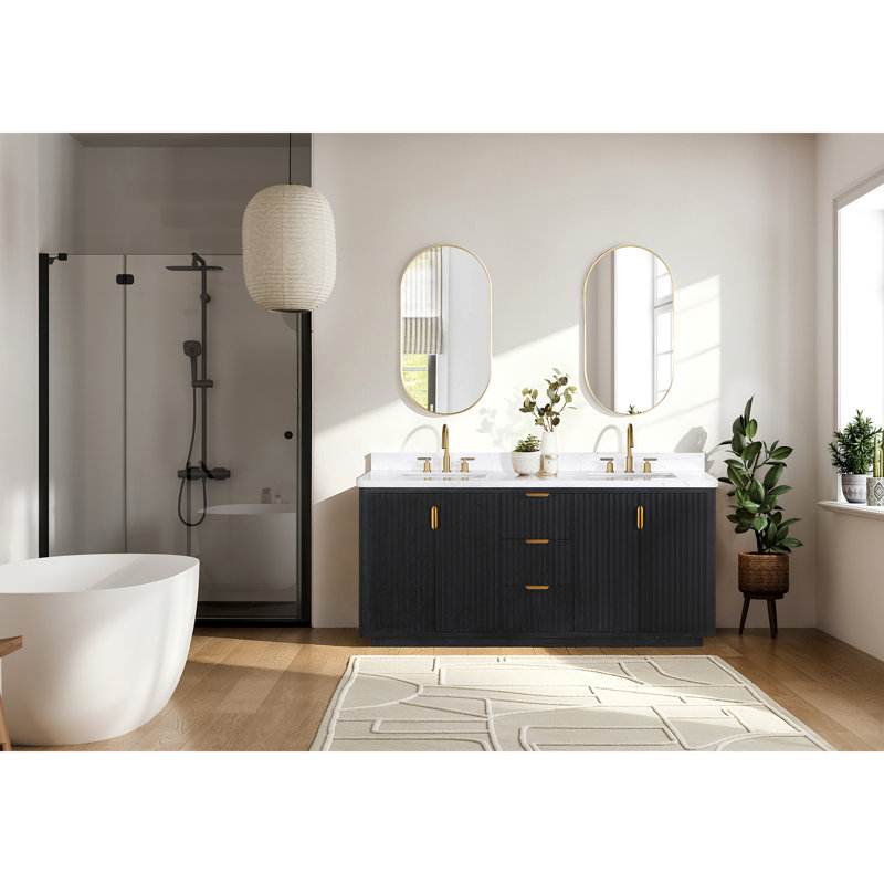 Ensemble de meuble-lavabo double 72 "avec miroir, Noir, noir, noir, noir, Blanc, Doré