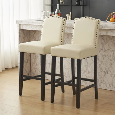 2 pour îlot de cuisine - siège en cuir PU beige et comptoir de soutien en bois d'hévéa avec capacité de charge de 300 lb (2 tabourets)
