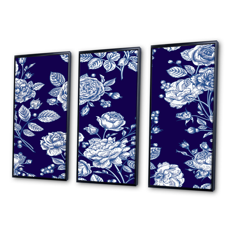 «Light Blue Roses On Dark Blue», 3 pièces, cadre flottant, impression sur toile, Cadre noir, L 48 po x H 32 po