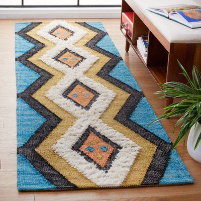 Tapis bleu / orange tissé à la main en laine / coton Wynward