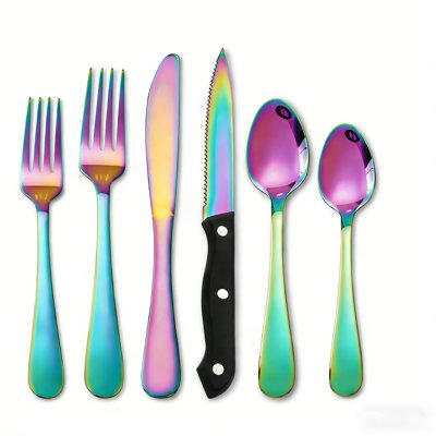 24-Piece Rainbow Stainless Steel Flatware Set – Modern Cutlery Utensil for 4, Stylish Dining for Weddings, Parties & Banquets