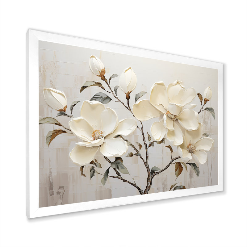 Fleur de magnolia beige et vert - art mural Magnolias, H 24 po x l 32 po x P 1 po, Cadre simple blanc