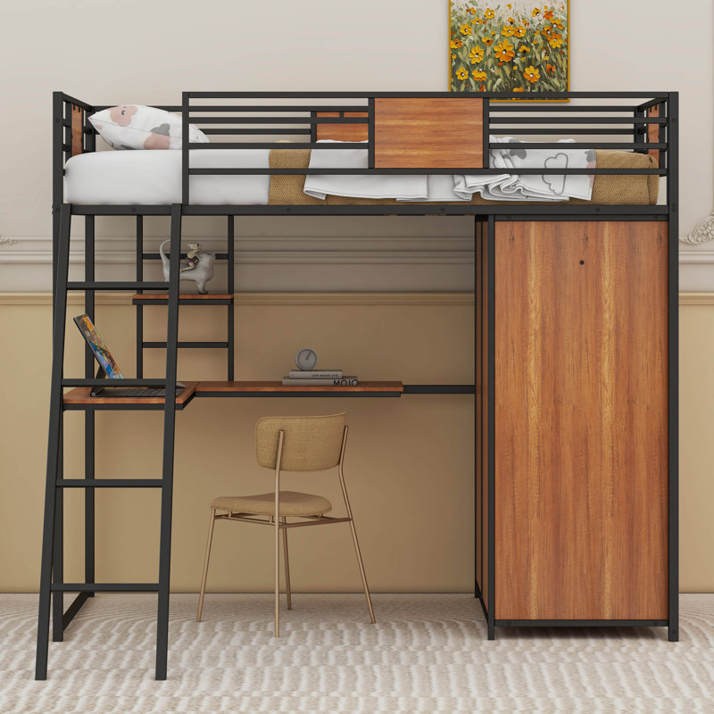 Twin Size Loft Bed With L-Shape Desk And Wardrobe, Black