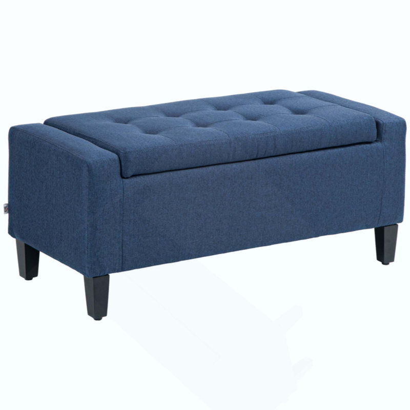 Storage Ottoman, Linen Upholstered Storage Bench With Lift Top And Button Tufted For Living Room, Dark, Blue