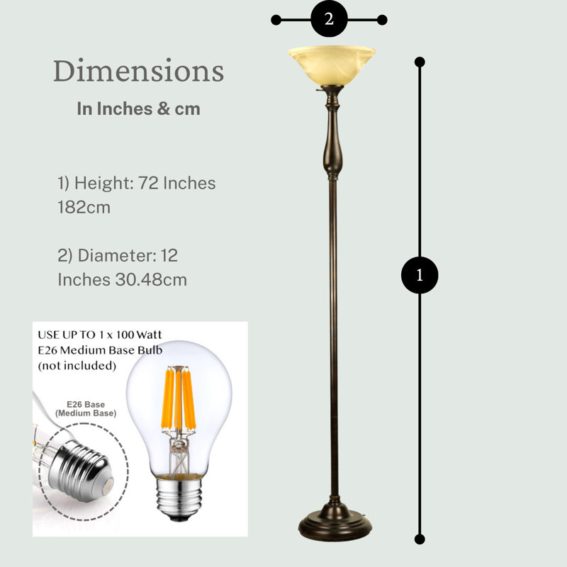 Lampe torchère sur pied 72 po avec abat-jour en verre albâtre Cadenza, Ambre, Bronze