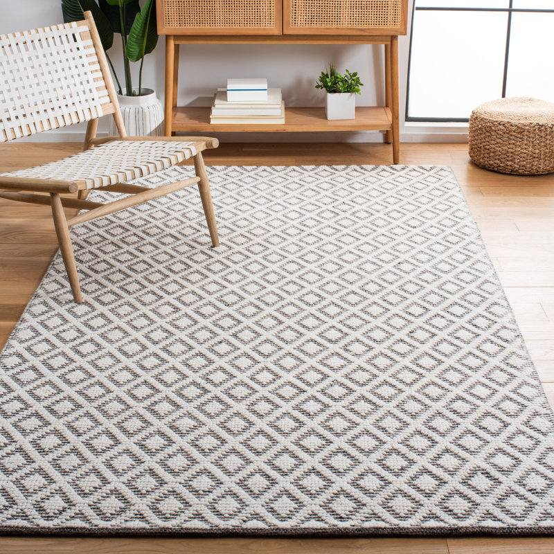Tapis géométrique en laine tissé à la main ivoire / brun, Rectangle 8 pi x 10 pi