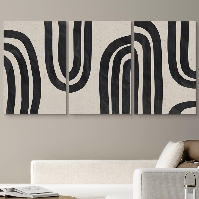 Motif géométrique en forme de ligne géométrique en spirale noire et brun clair à motif abstrait Mid-Century moderne 3 pièces