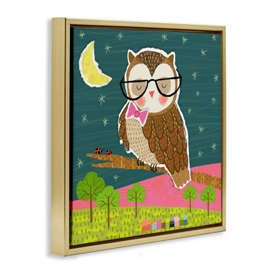 Wise Owl on Branch Framed Floater Canvas Wall Art by Tina Finn