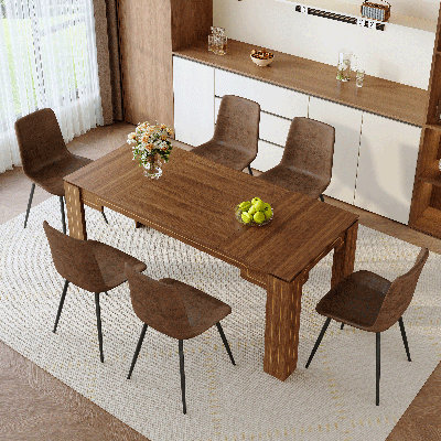 71" Wood Finish Dining Table Set For 6/8, Modern Rectangular Kitchen & Dining Room Set With Faux Leather Chairs