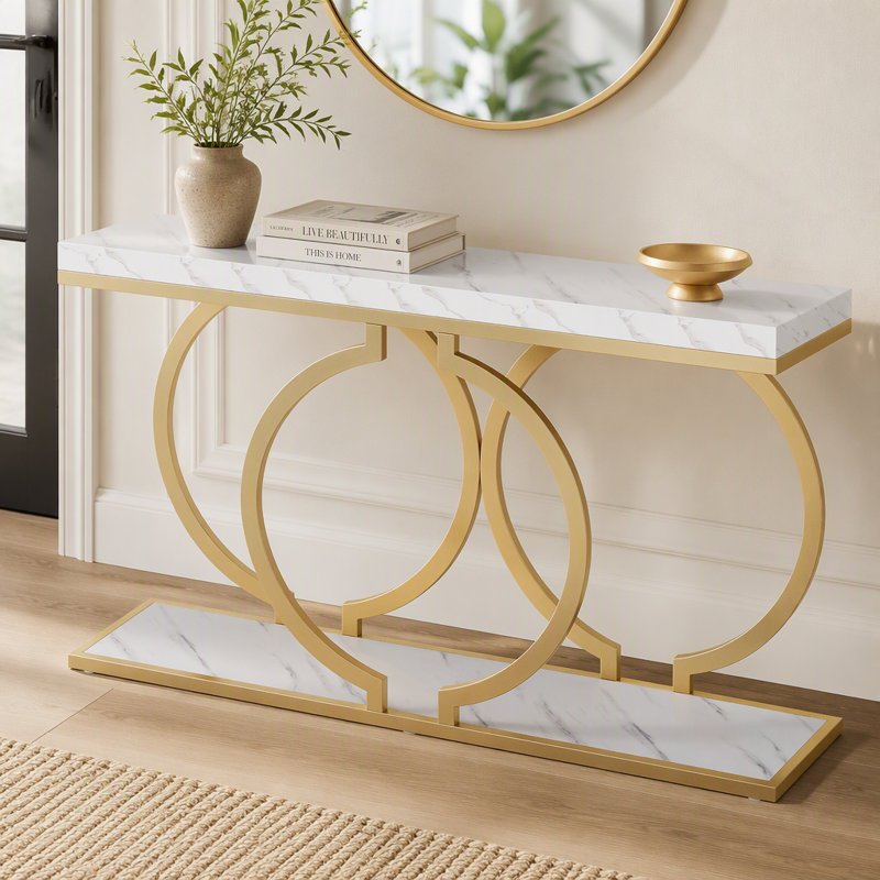 Table console 55 po, canapé de vestibule étroit avec structure en métal géométrique, White / Gold, White, Gold