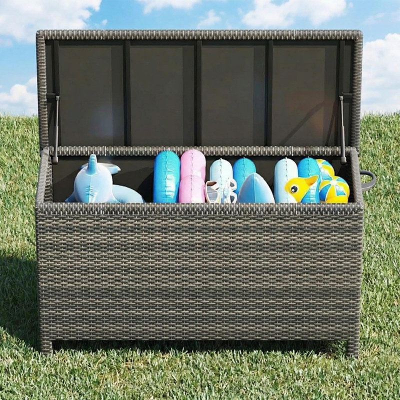 120 Gallon Outdoor Storage Box – Waterproof PE Rattan Wicker Deck Box with Lockable Lid & Gas Strut, All-Weather Resin Storage Chest for Cushions, Garden Tools & Pool Supplies