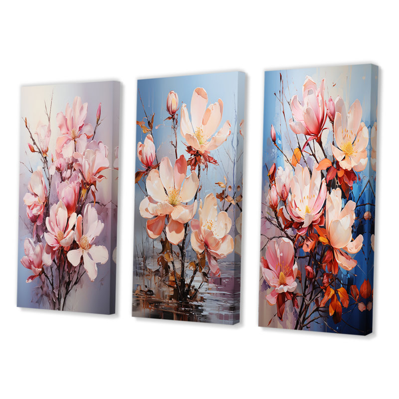 «Pink White Magnolias Romantic Impression», 3 pièces, H 32 po x l 48 po, Toile tendue