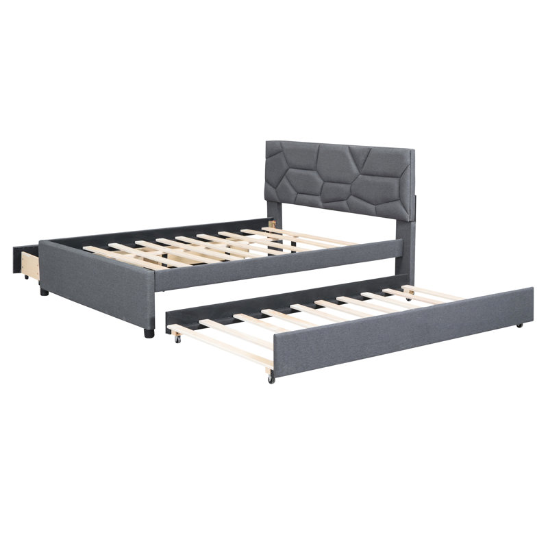 Lit plateforme tapissier avec tête de lit en lin et brique gris, lit gigogne simple, 2 tiroirs, espace supplémentaire, lit gigogne sans sommier