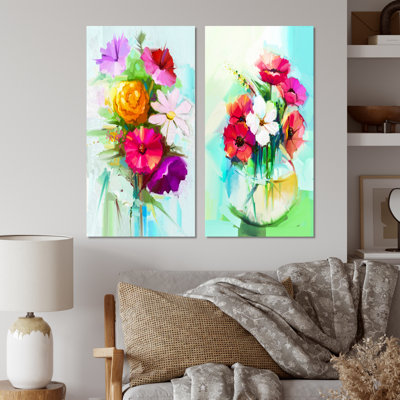 Delicate Pastel Colorful Gerbera Flowers - Ensemble de 2 peintures sur toiles