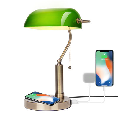 Lampe de bureau vintage en verre vert avec chargeur sans fil et port de charge USB, lampe de table à chaînette, ampoule à filament DEL E26 incluse, lampe de banquier classique pour bureau, bureau et maison