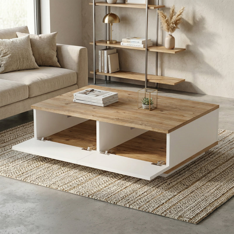 Table basse moderne, pin atlantique et blanc, 90 x 30 x 60 cm, panneau de particules enduit 100% mélamine, épaisseur: 0 cm, design scandinave