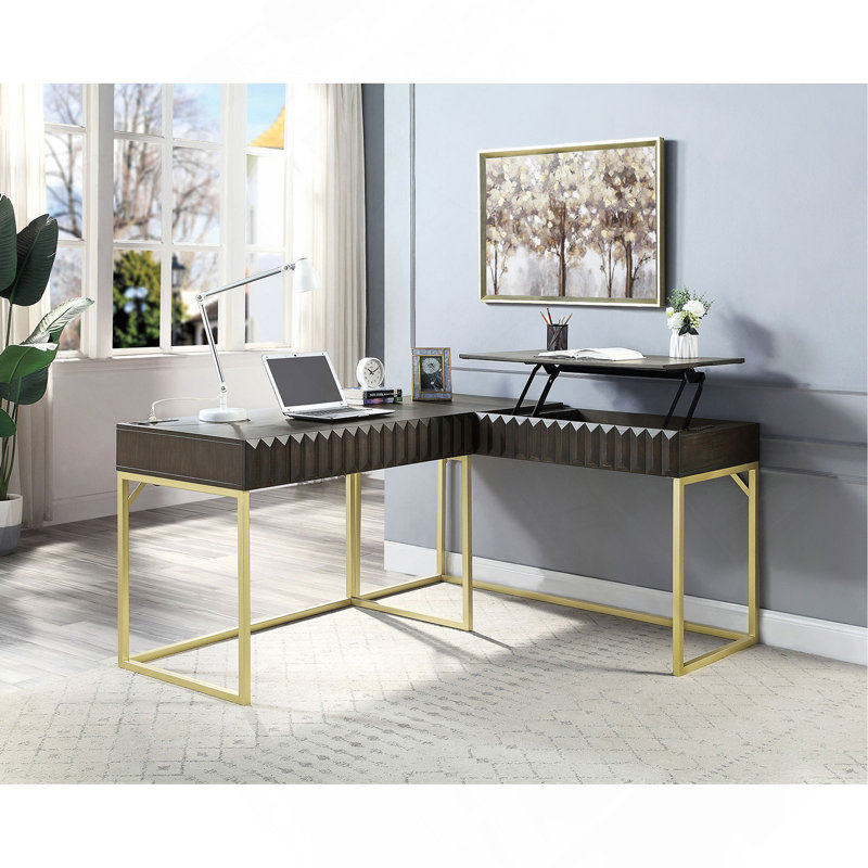 Bureau d'ordinateur transitionnel bicolore noyer, port USB avec plateau relevable et tiroir dissimulé, Café