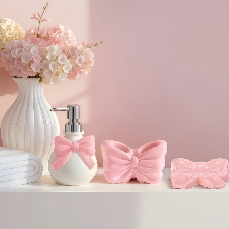 Ensemble d'accessoires de salle de bain en céramique rose 3 pièces pour comptoir, distributeur de savon, porte-brosse à dents, porte-savon, lavabo pour salle de bain