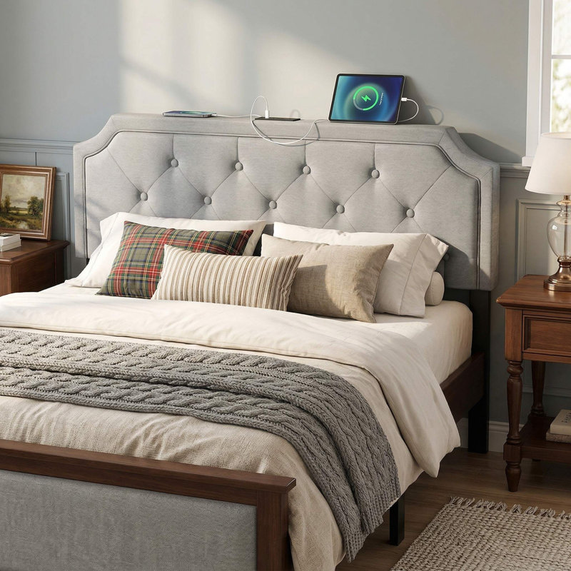 Queen/Full Size Universal Button Tufted Upholstered Headboard, Adjustable Mount Height & Soft Breathable Linen Fabric, Gray