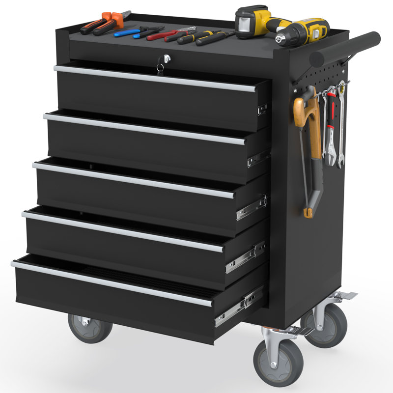 Heavy-duty Tool Cart & Worktable With 5 Drawers, Locking Casters, And Non-slip Mat, Black