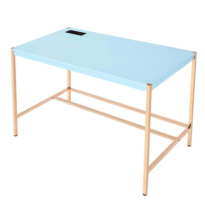 Rectangular Blue Writing Desk With Gold Details And Port, Fixed Design, High Glossy Finish, White Top Open Metal Structure, 42 In Product Depth Ports,