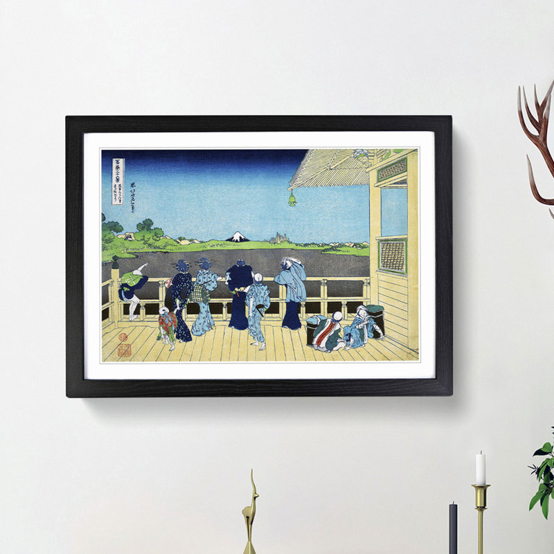 View of Mt. Fuji from Sazai Hall by Katsushika Hokusai - Picture Frame Painting Print, 48cm H x 65cm W x 2cm D, Black Framed