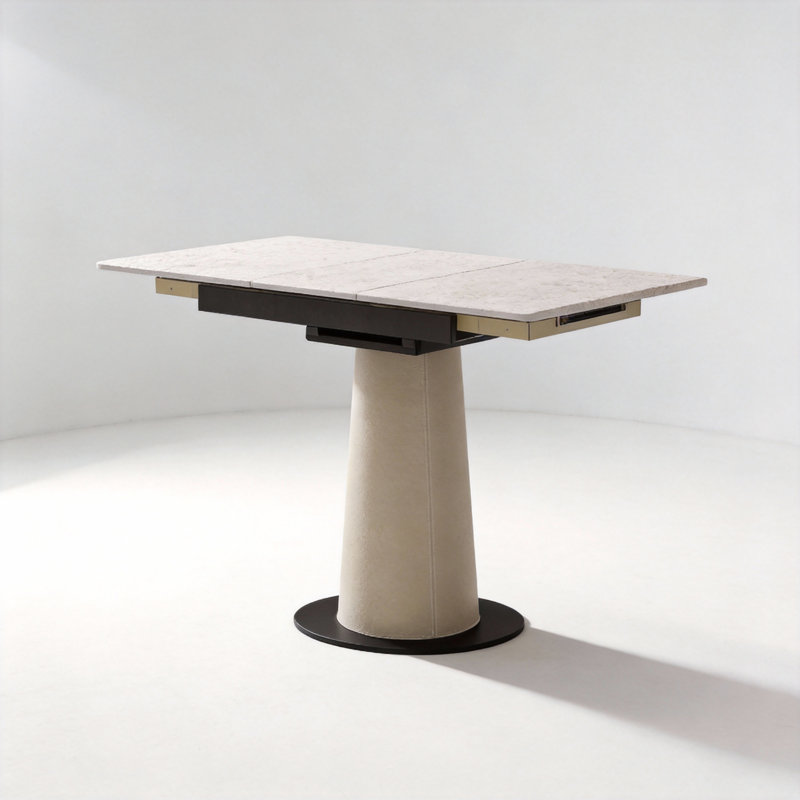Table de salle à manger extensible carrée avec plateau en dalle de roche rétractable et base en acier revêtue de cuir pour des intérieurs modernes peu encombrants