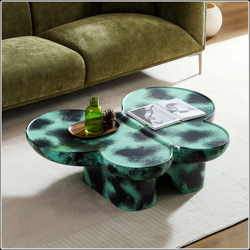 Table basse moderne en faux travertin texturé avec forme de papillon pour le salon et le bureau, Vert / noir