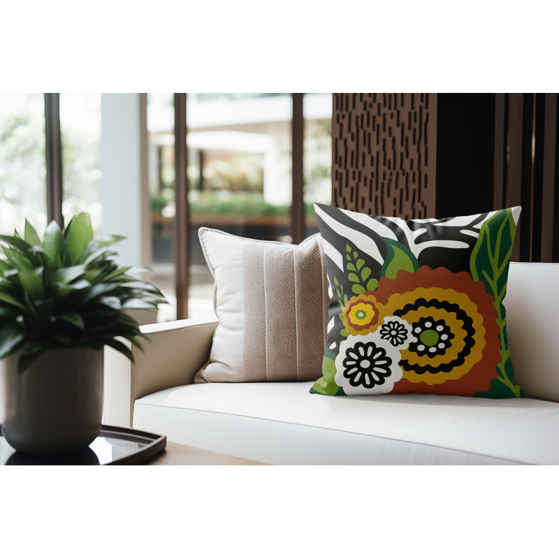 Coussin Alix, Carré 20 po, Black/White/Brown/Ochre/Green Floral