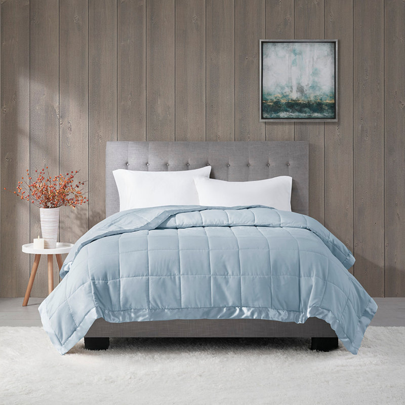 Couverture légère en duvet synthétique avec bordure en satin, Bleu, Double
