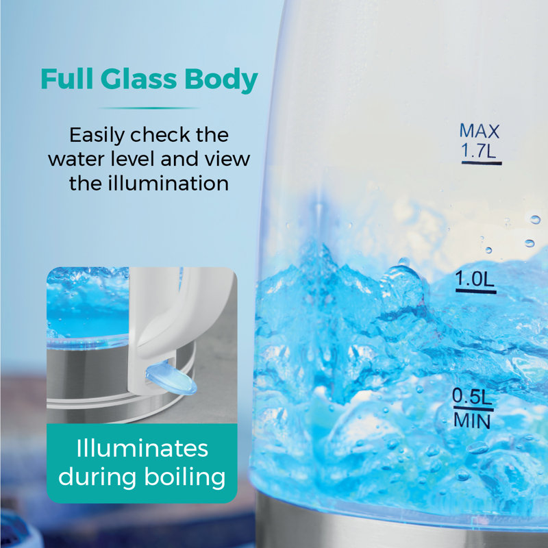 Tower PT10090 Illuminating Glass Kettle with Removable Filter, Boil Dry Protection, 1.7L, 2200W, White