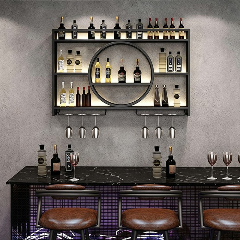 Support à vin mural moderne avec éclairage à DEL, tablette de bar à grande capacité à 3 niveaux avec support en verre intégré pour le bar à la maison et la salle à manger