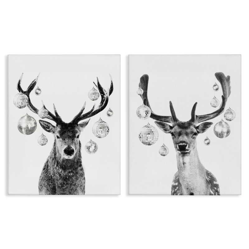 «Black and White Disco Deer», ensemble de 2 toiles murales par Victoria Barnes, H 20 po x l 16 po