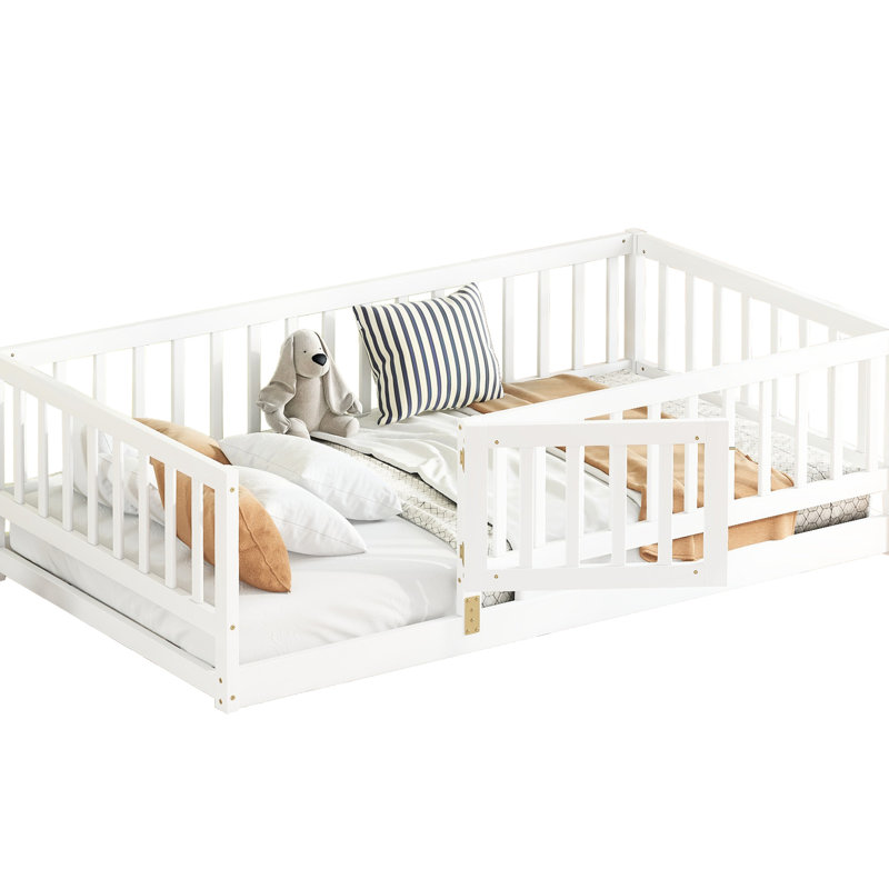 Lit simple pour lit en pin, avec clôture, porte et lattes amovibles, structure en bois de pin blanc, Lit simple, Blanc