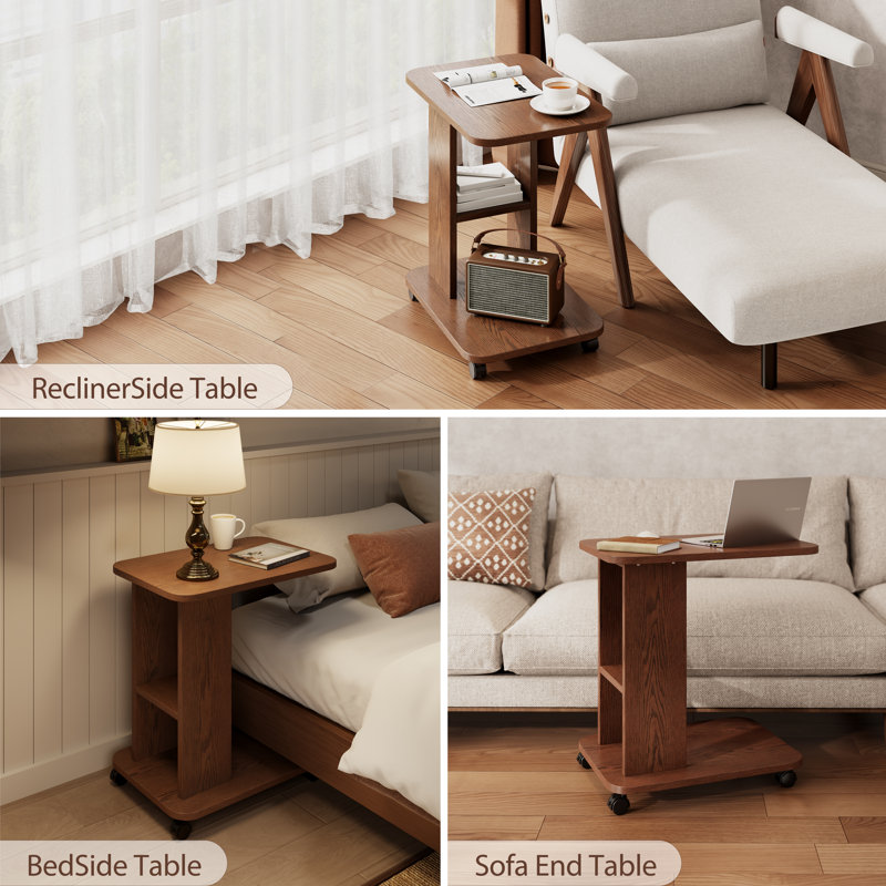 Mobile 2-Tier Wooden C-Shaped Side Table with Wheels, Compact End Table for Sofa or Bed, Brown