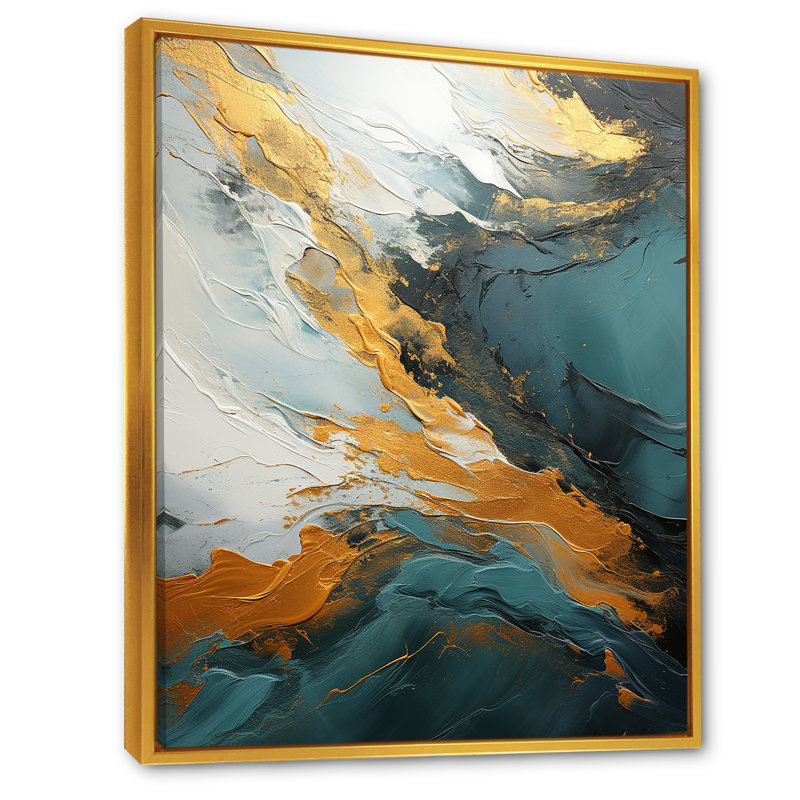 Or et vert abstrait cascade de marbre II - Art mural abstrait, Cadre flottant doré, H 40 po x l 30 po x P 1,5 po