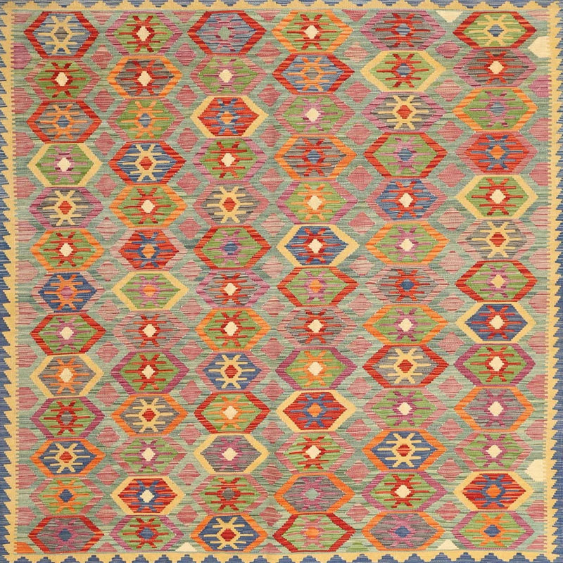 Tapis contemporaine beige/rouge/rose pâle, Carré 8 pi