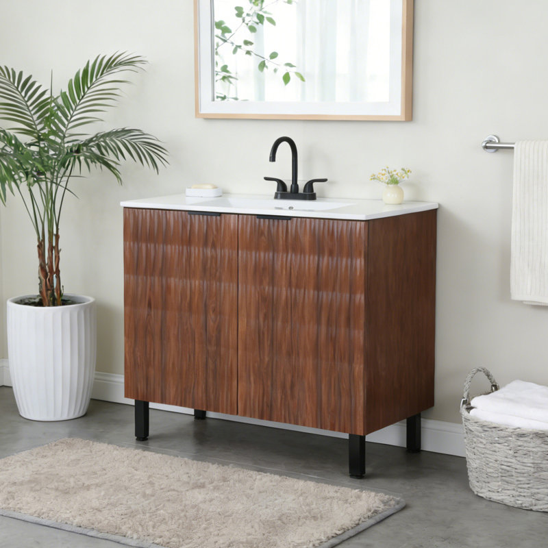 Walnut Oak Modern Free-Standing Bathroom Vanity Set, 35.4"