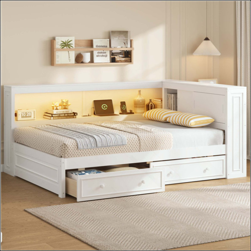 Lit de jour en bois avec tablettes de rangement, USB, DEL et 2 tiroirs, Blanc