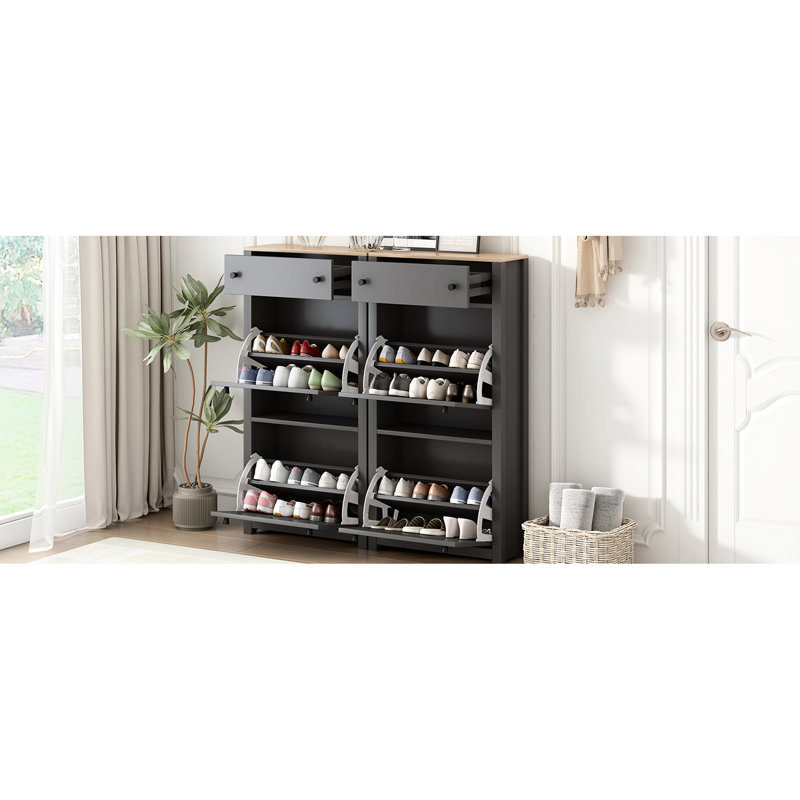 Rangement à chaussures moderne gris, 6 tiroirs, panneaux réglables, support de couloir gris à grain de bois, tiroirs avec tablettes, plateau, panneau de particules et matériaux de fabrication