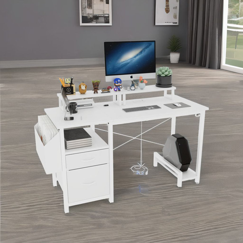 Office Desk With Power Outlet, White, White