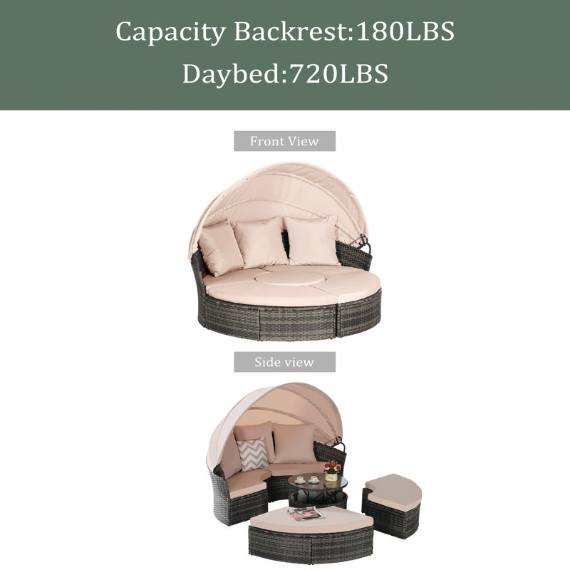 5 Pieces Outdoor Patio Round Daybed Furniture,Wicker Conversation Set With Retractable Canopy, Soft Cushions, And Storable Table For Leisure In Porch Backyard