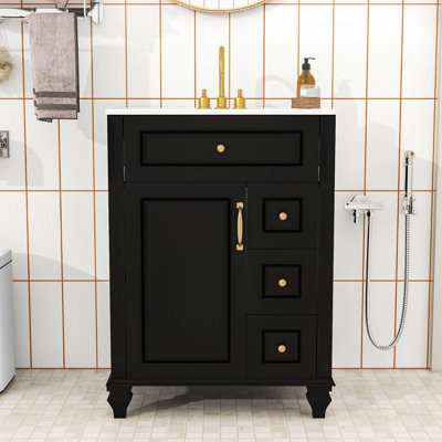 Meuble-lavabo de salle de bain avec comptoir en céramique, tablette réglable, tiroir rabattable et 3 tiroirs