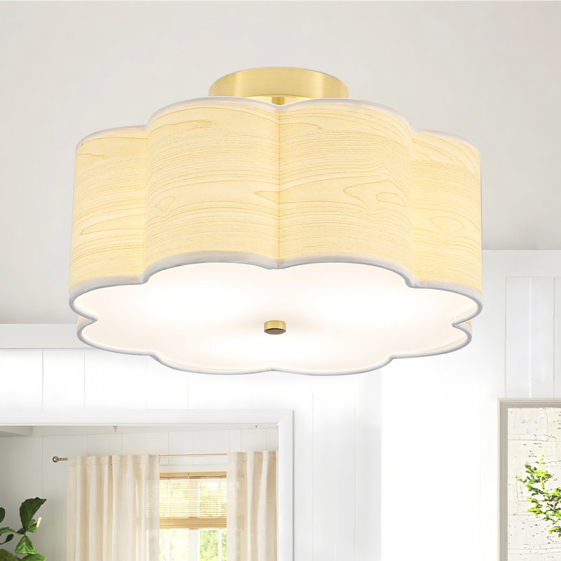 3-Light Semi Flush Mount Ceiling Light With Flower-Shaped Fabric Shade For Bedroom,Living Room,Hallway