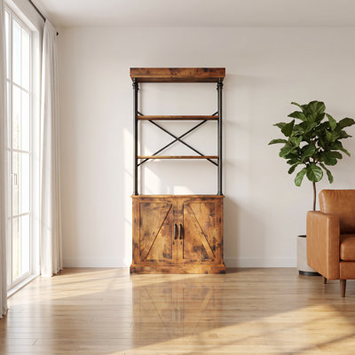 Bibliothèque vintage à colonnes romaines avec portes - bibliothèque haute à 4 niveaux avec armoire, rangement en grain de bois naturel pour le salon, le bureau personnel, le bureau, le décor de ferme