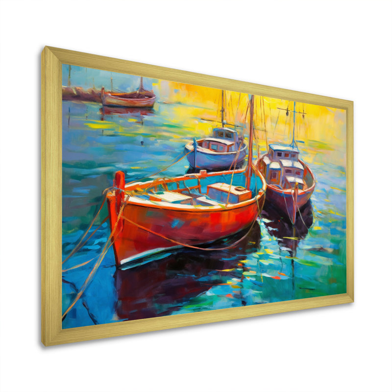 Trois bateaux dans le port II - art mural port côtier, H 16 po x l 32 po x P 1 po, Cadre doré à une seule photo