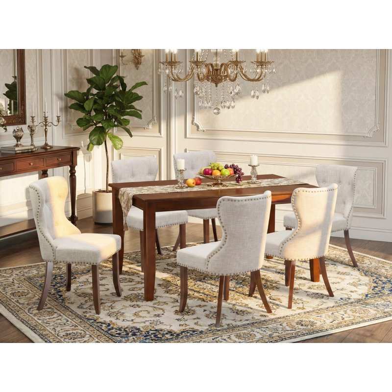 7 Piece Dining Table Set Consist of a Rectangle Dining Room Table and 6 Doeskin Linen Fabric Parsons Chairs, Mahogany, 7